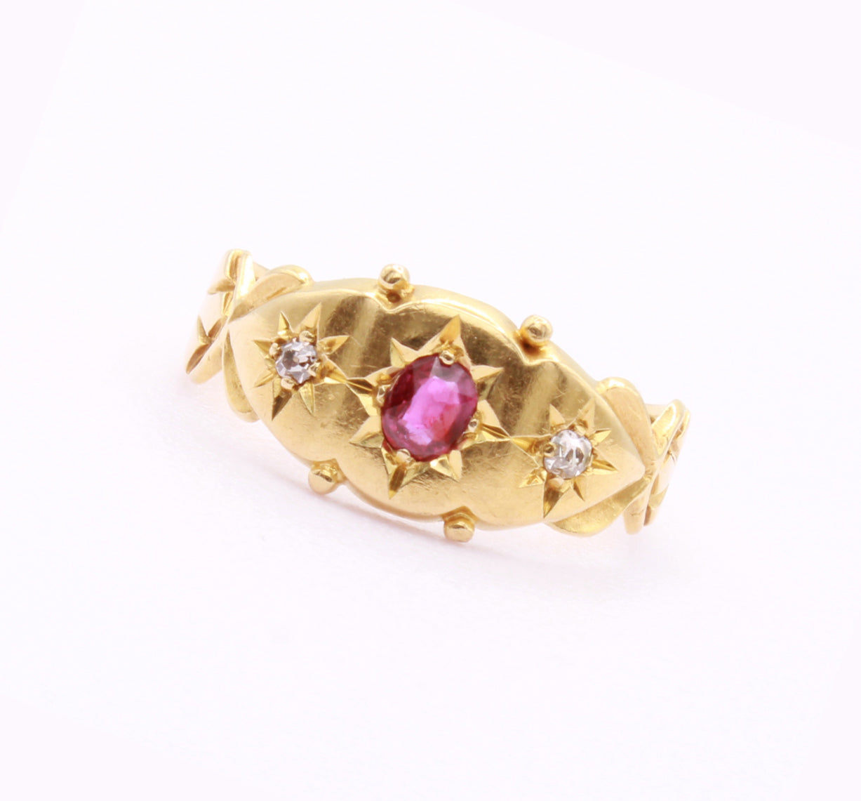 Elegant Antique Edwardian 18k Gold Diamond & Ruby Ring with Star Gypsy Setting, Size 5 US, J 1/2 UK, 49.5 EU, Resizing Available
