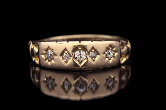 Antique Diamond Engagement Ring, Victorian Gypsy Gold Ring with Five Diamonds, Size US 7.25, UK O, EU 55 -Resizing and Certificate Available