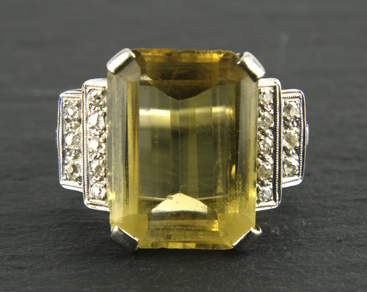 Bague cocktail vintage Art déco en citrine et diamant, jolie bague de déclaration