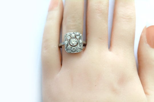 Art Deco Diamond Ring, Platinum Old Cut Diamond Panel Ring,Natural Diamond Cluster Ring