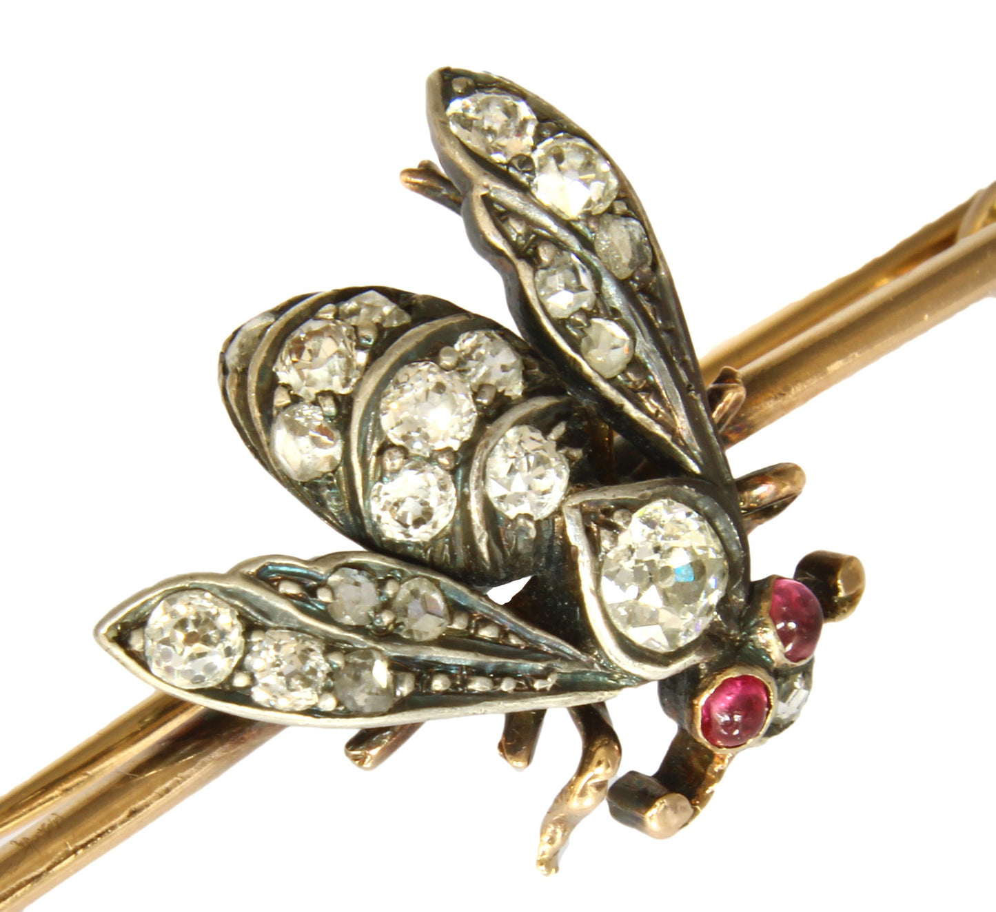 Broche antique en or et argent avec diamants et rubis en forme d'insecte