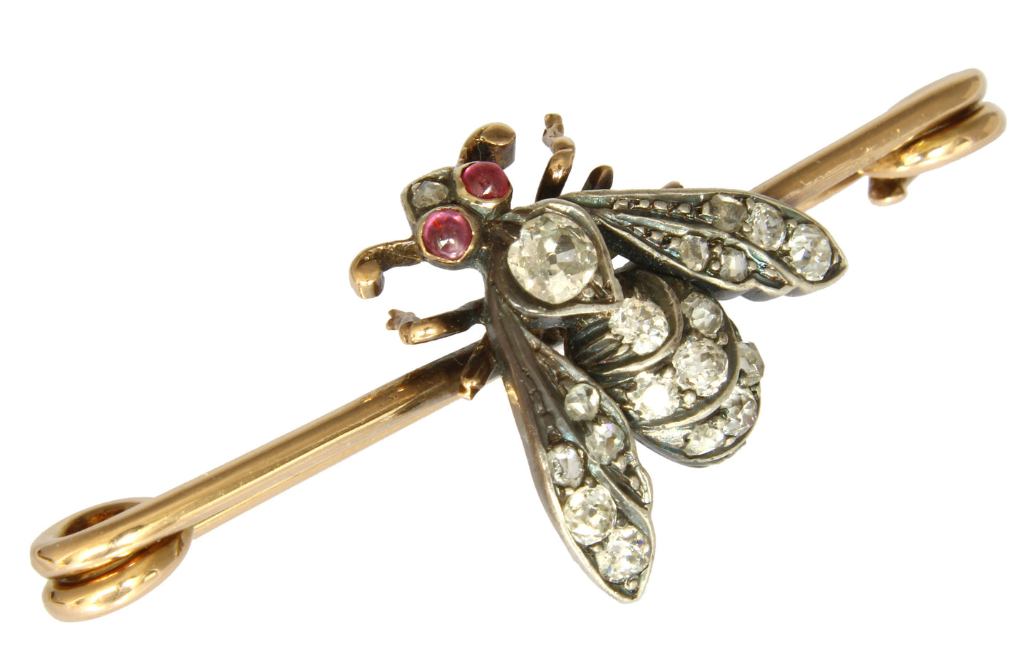 Broche antique en or et argent avec diamants et rubis en forme d'insecte