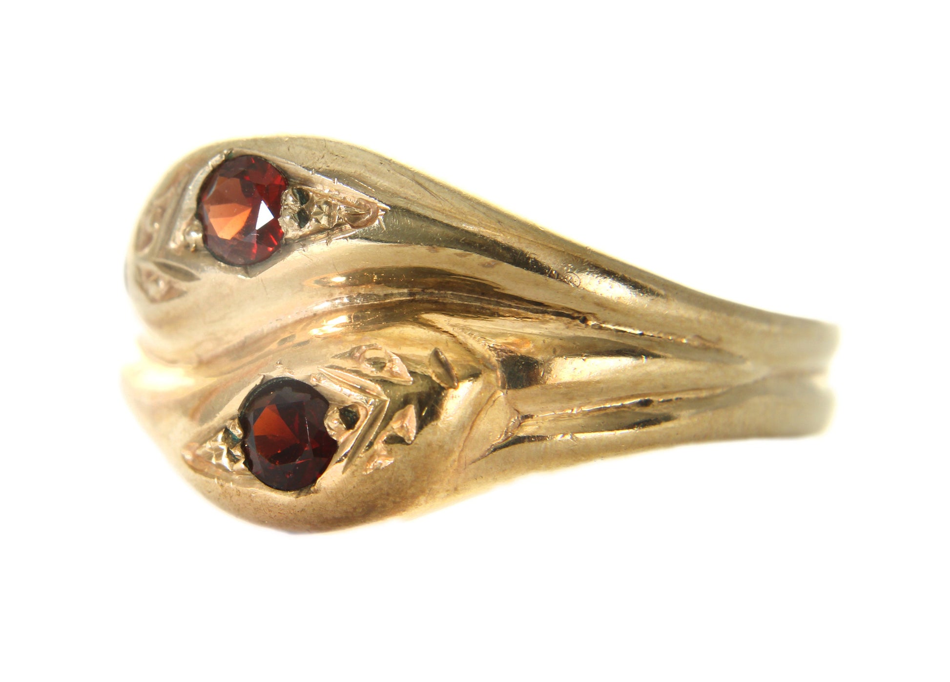 Vintage Garnet Snake / Serpent Ring for Men, Gents Yellow Gold Estate Ring - fk gems