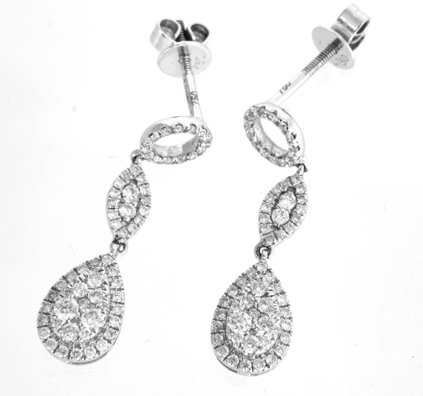 Natural Diamond Drop Earrings in 18k White Gold, Vintage Old Cut Diamond Dangly Earrings