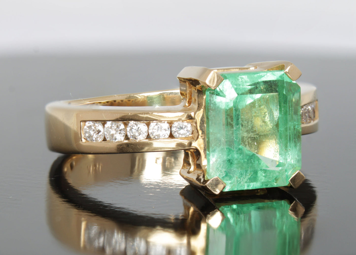 Vintage Emerald Diamond Engagement Ring, 18k Yellow Gold Emerald Estate Ring