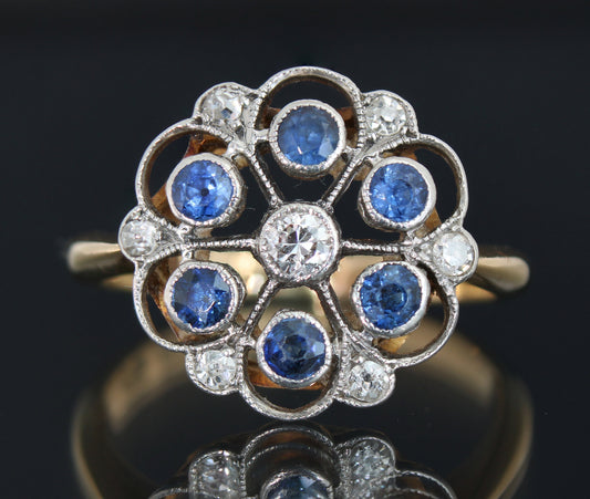 Antique Diamond Sapphire Engagement Ring, 18k Vintage Floral Diamond Yellow & White Gold Ring