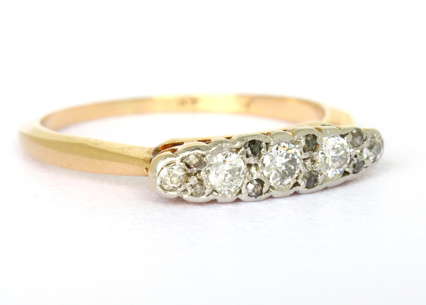 Edwardian Diamond Engagement Ring with 5 Old Cut Natural Diamonds set in Platinum and 18K Gold