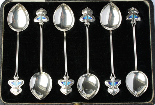 Antique Art Nouveau Silver Enamel Tea/Coffee Spoon Set Boxed