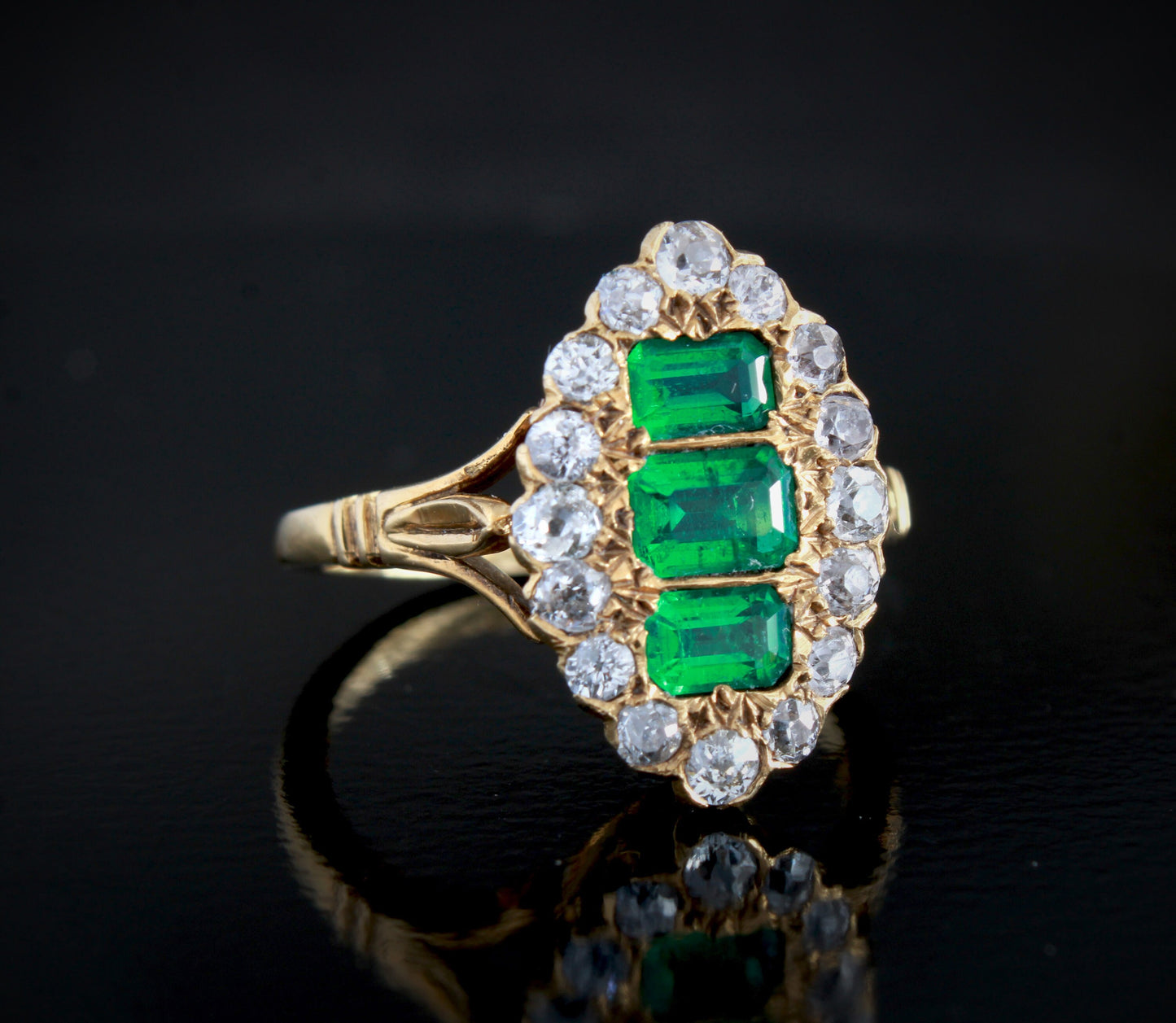 Victorian Emerald Diamond Ring, Antique 18K Gold Old Cut Natural Diamond Cluster Ring