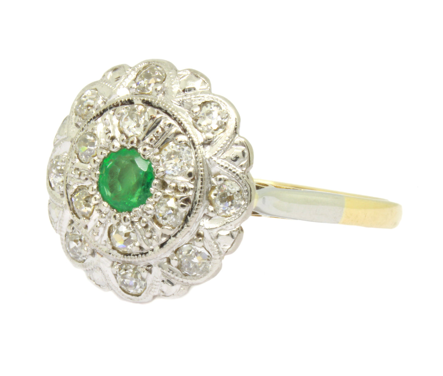 Art Deco Emerald Diamond Ring | 18k Gold & Platinum Emerald Diamond Cocktail Ring