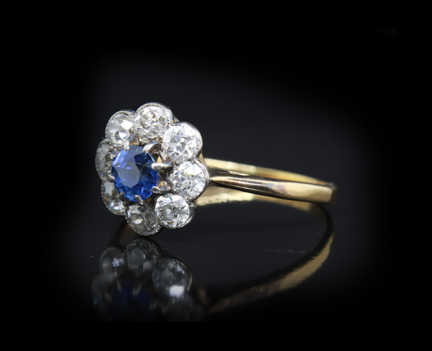 Bague antique en or avec diamant et saphir, bague en forme de marguerite en saphir bleu vif 18 carats, taille UK et AUS P, US 7,5