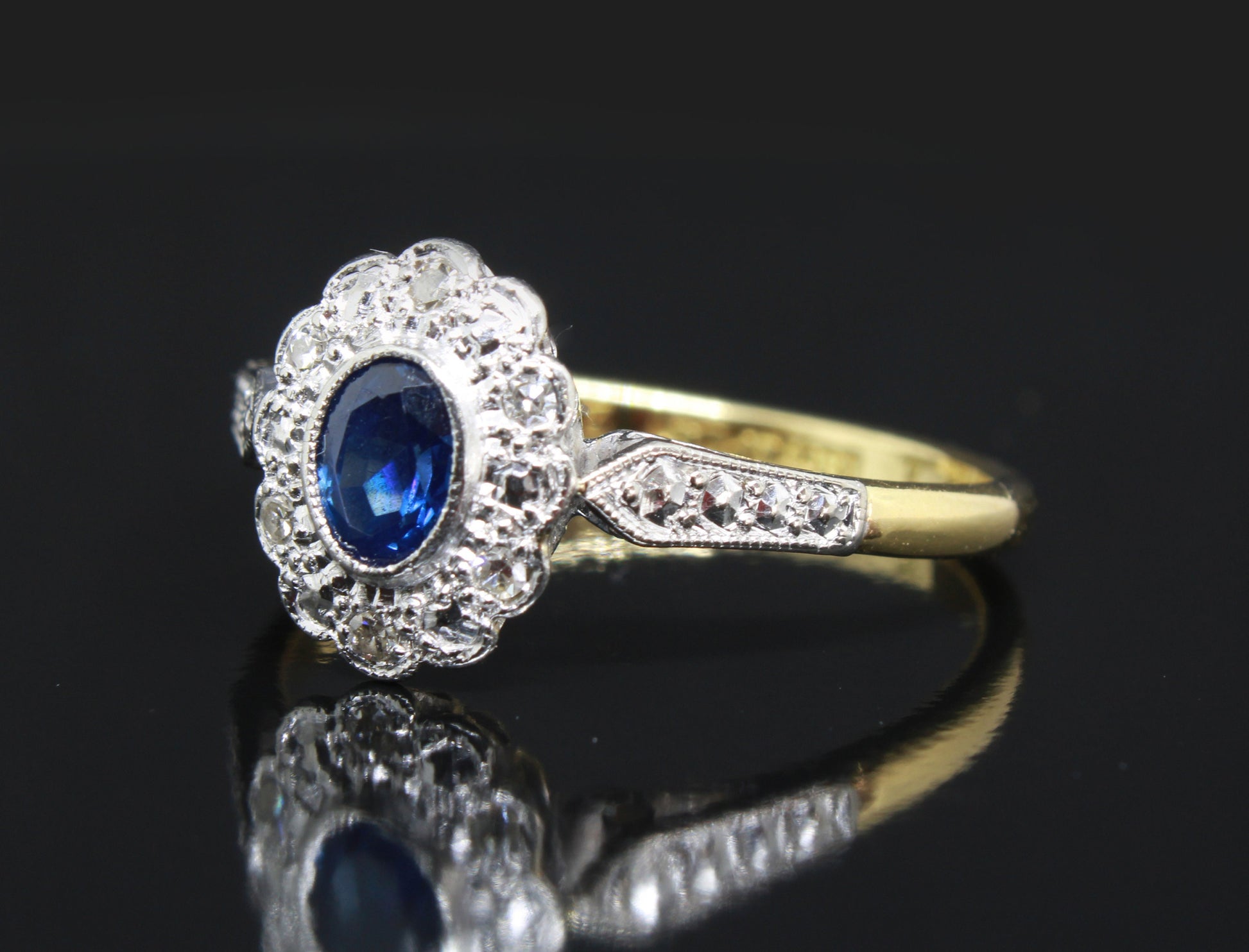 Vintage Blue Sapphire Diamond Daisy Ring for Engagement or Anniversary - fk gems