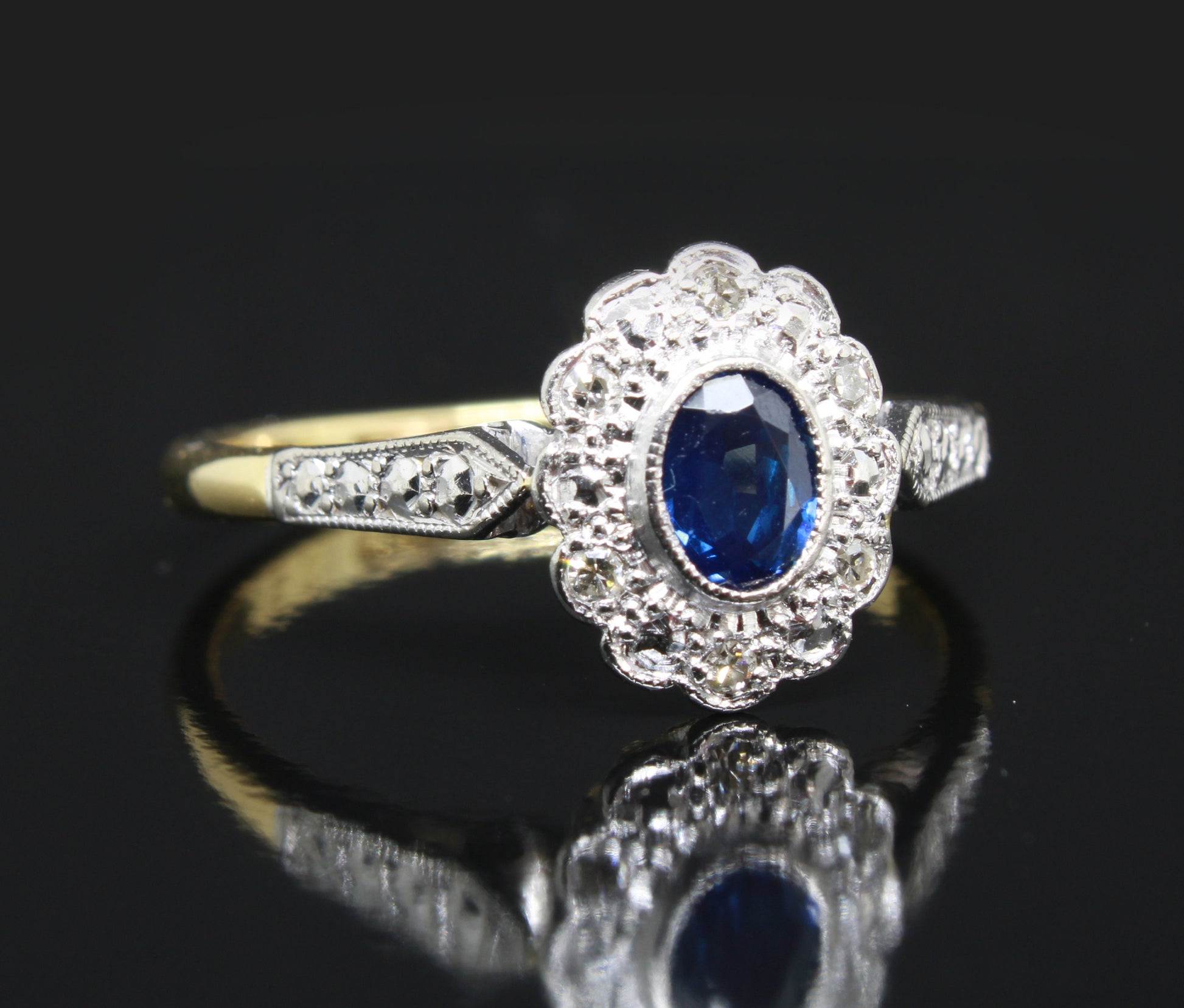 Vintage Blue Sapphire Diamond Daisy Ring for Engagement or Anniversary - fk gems