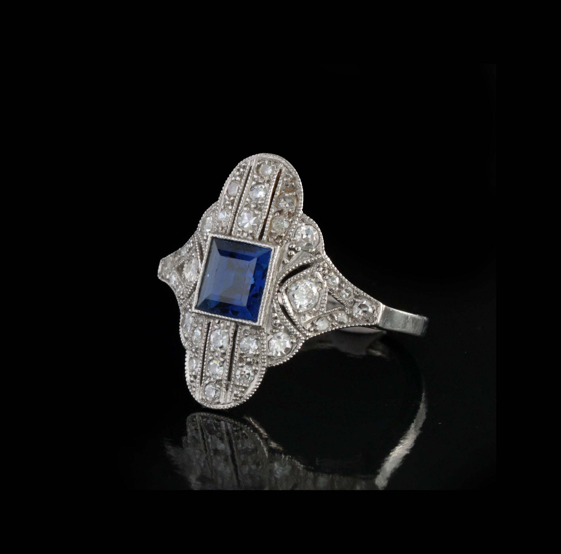 Sapphire Diamond Platinum Ring from 1920s Art Deco Vintage Period - fk gems