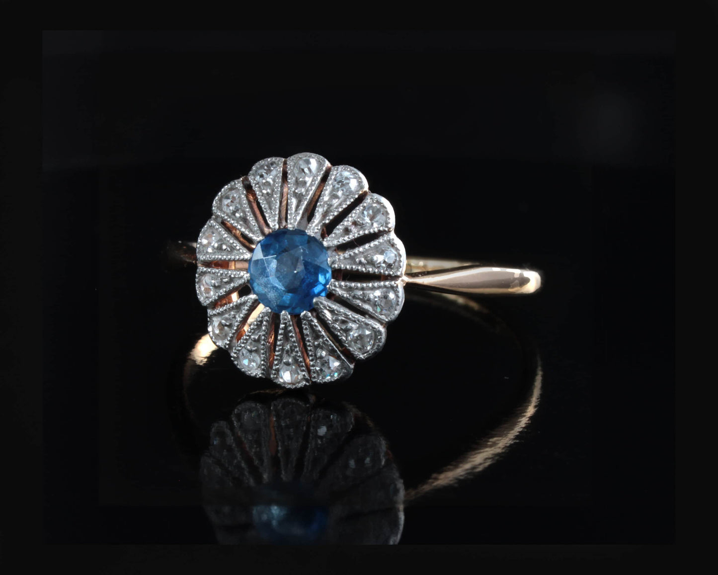 Antique Natural Sapphire Diamond Flower Ring, Vintage 18k Gold Art Deco Daisy Ring