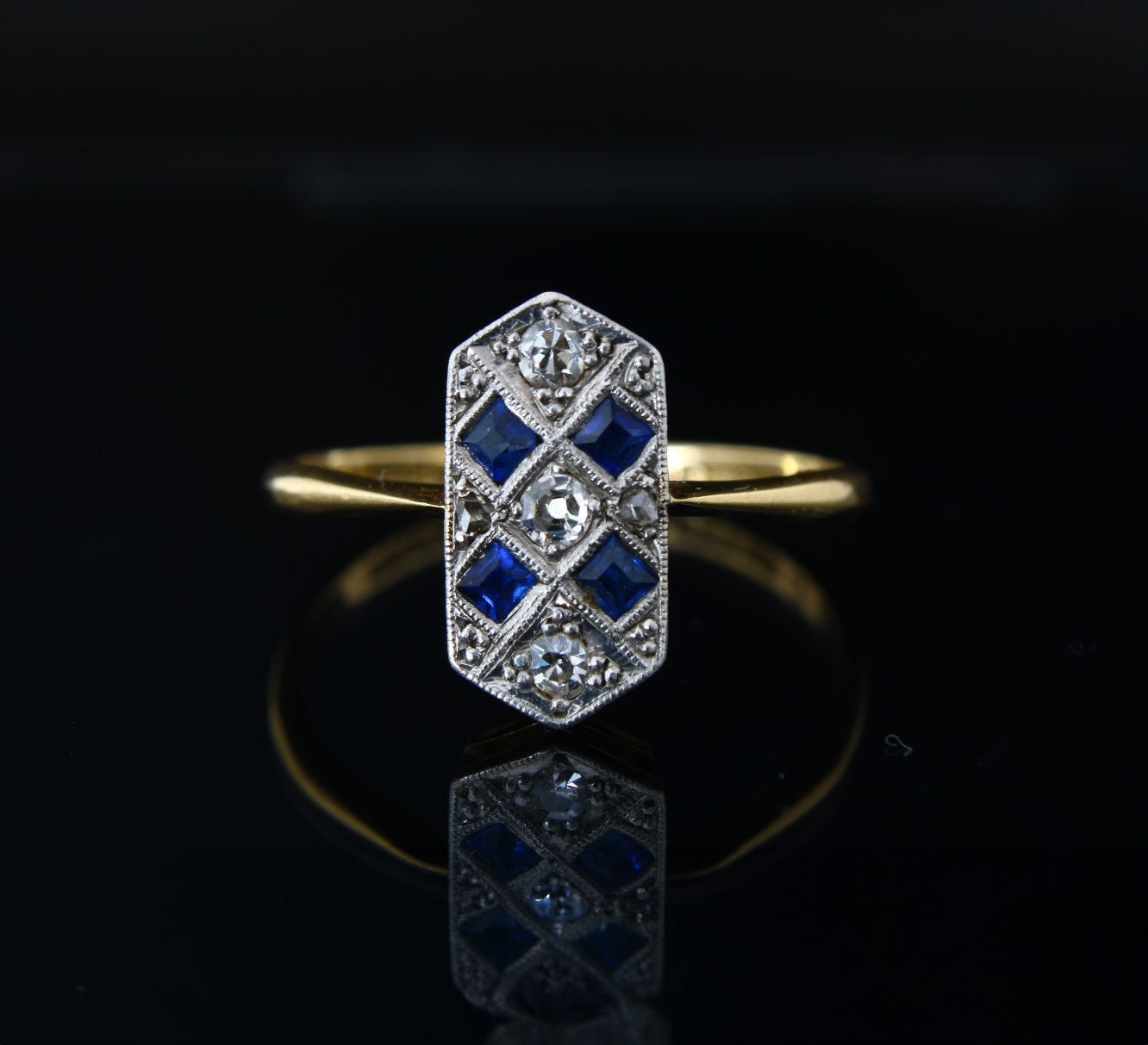 Vintage Sapphire Diamond Engagement Ring, 1920s Art Deco 18k Gold & Platinum Jewelry