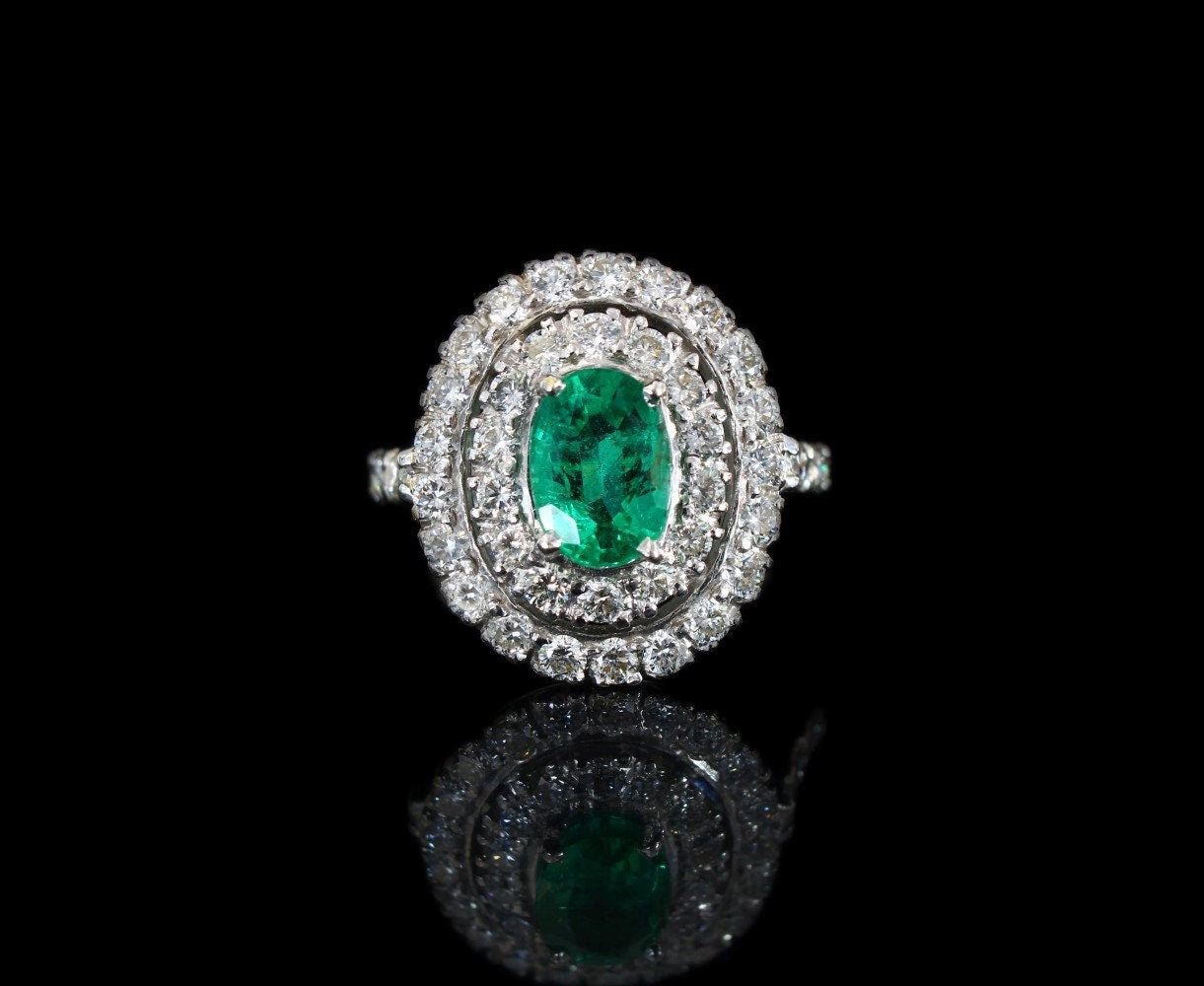 Vintage Emerald Diamond Cluster Engagement Ring Size M1/2, US 6.5