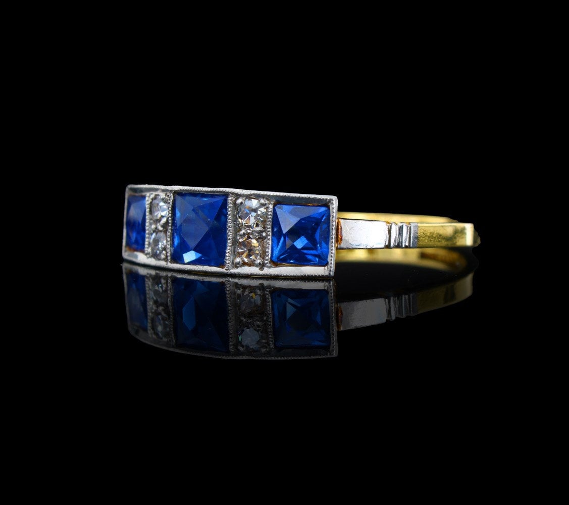 Vintage Engagement Ring, Vivid Blue Sapphire Diamond Gold Ring, Art Deco Period Band