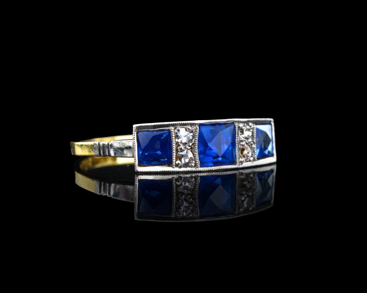 Vintage Engagement Ring, Vivid Blue Sapphire Diamond Gold Ring, Art Deco Period Band