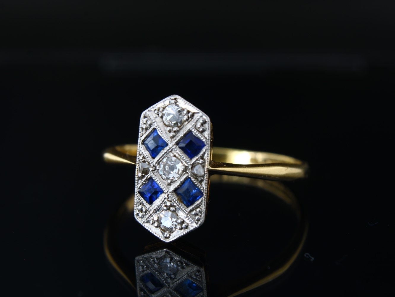 Vintage Sapphire Diamond Engagement Ring, 1920s Art Deco 18k Gold & Platinum Jewelry