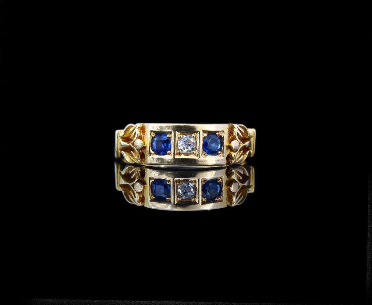 Antique Gold Sapphire Diamond Engagement Ring Size 6 US, L1/2 UK