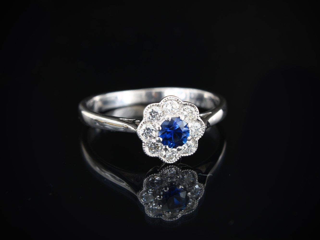 Sapphire Diamond Daisy Engagement Ring in 18k White Gold