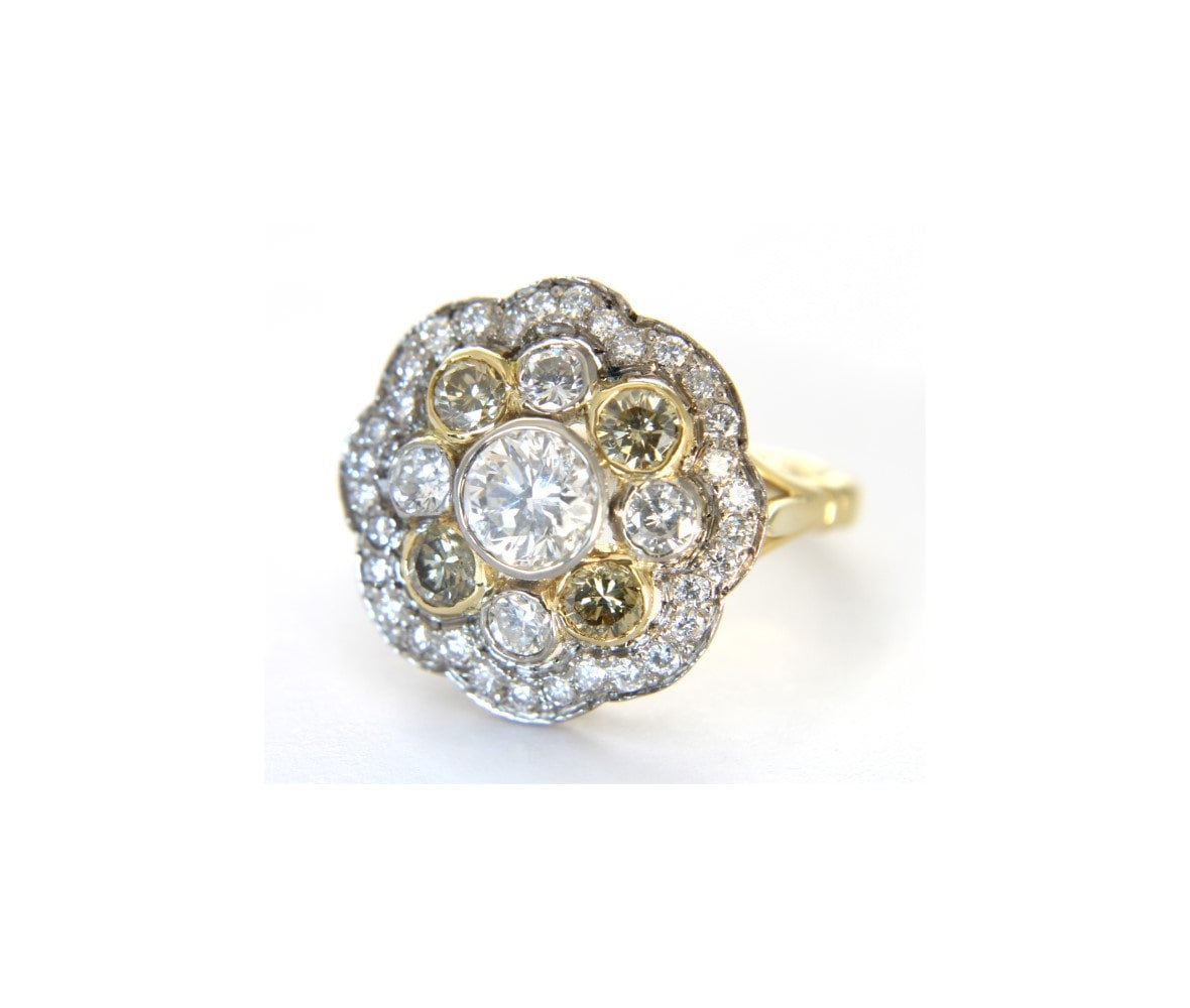 Bague vintage en diamant naturel, grande bague florale rétro en diamant, bijoux de déclaration en diamant, grappe de diamants jaunes, cadeau d'anniversaire