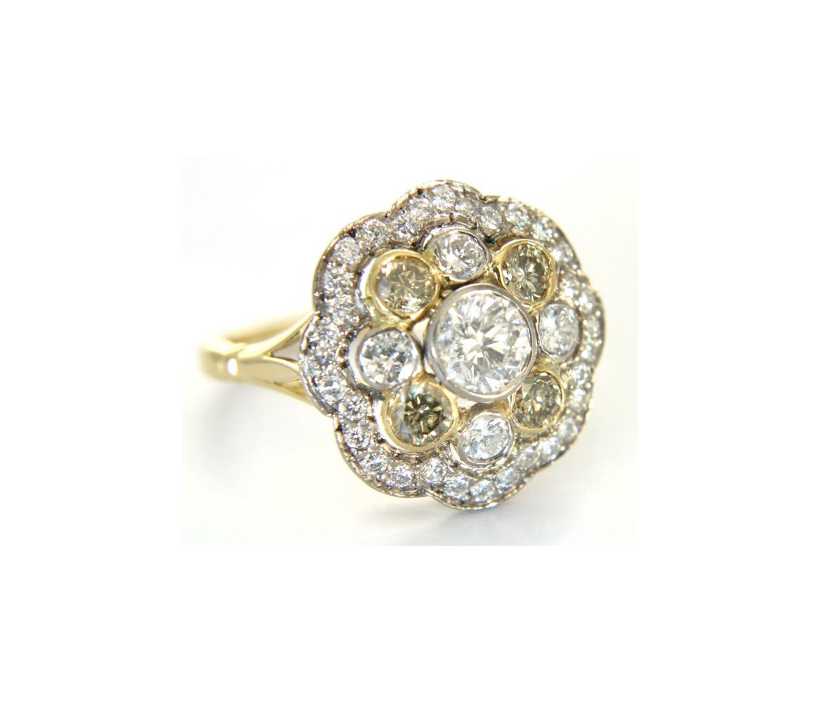 Bague vintage en diamant naturel, grande bague florale rétro en diamant, bijoux de déclaration en diamant, grappe de diamants jaunes, cadeau d'anniversaire