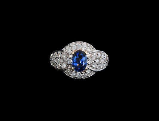 Sapphire & Diamond Ring, White Gold cocktail Ring, Pave Diamond Statement Ring