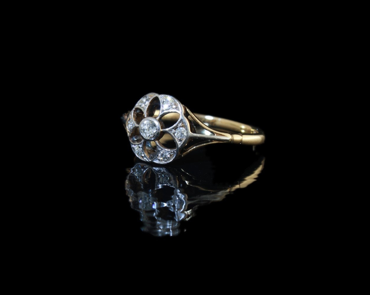 Antique Diamond Engagement Ring, Edwardian 18K Gold Natural Diamonds Flower Ring Size 7.5 US, P UK