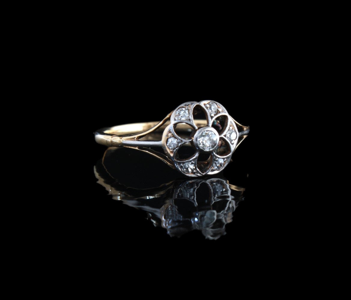 Antique Diamond Engagement Ring, Edwardian 18K Gold Natural Diamonds Flower Ring Size 7.5 US, P UK