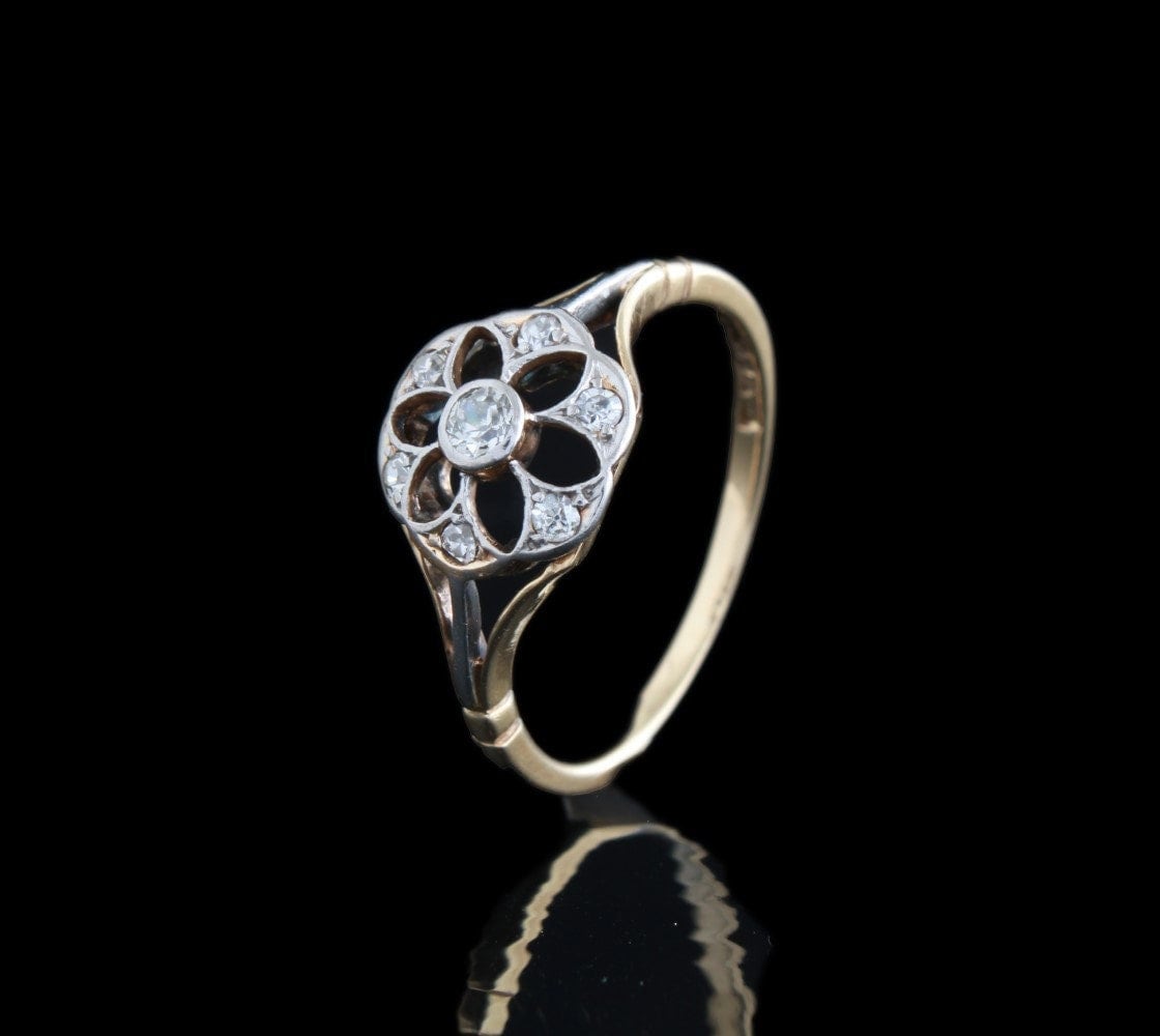 Antique Diamond Engagement Ring, Edwardian 18K Gold Natural Diamonds Flower Ring Size 7.5 US, P UK