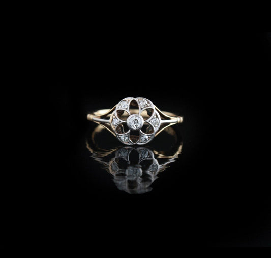 Antique Diamond Engagement Ring, Edwardian 18K Gold Natural Diamonds Flower Ring Size 7.5 US, P UK