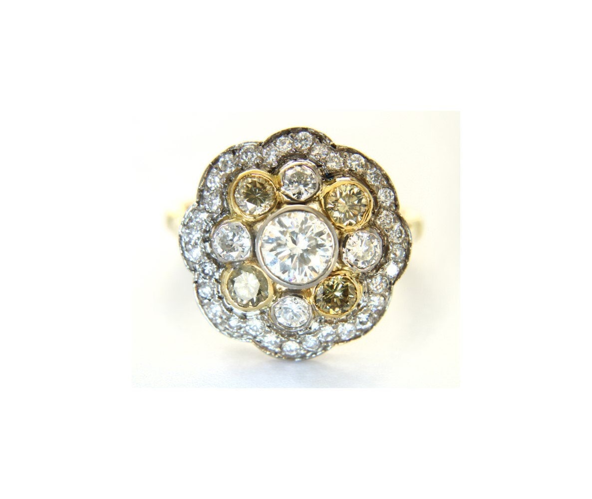 Bague vintage en diamant naturel, grande bague florale rétro en diamant, bijoux de déclaration en diamant, grappe de diamants jaunes, cadeau d'anniversaire