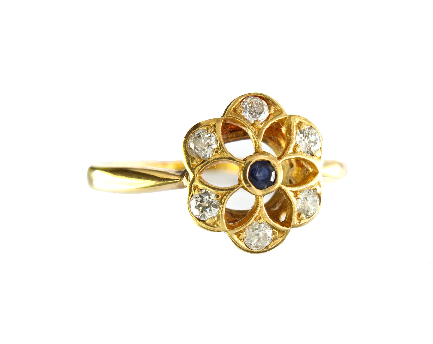 Edwardian Sapphire Diamond Engagement Ring size US 8.5, UK R, Antique 18k Gold Estate Flower Ring