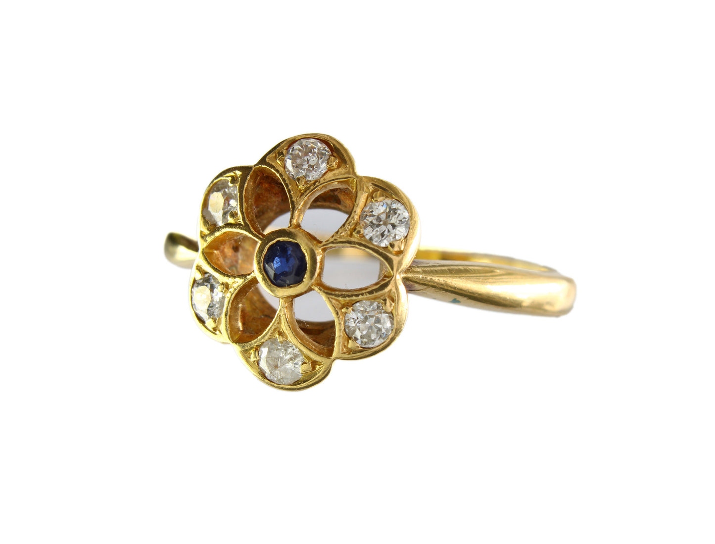 Edwardian Sapphire Diamond Engagement Ring size US 8.5, UK R, Antique 18k Gold Estate Flower Ring