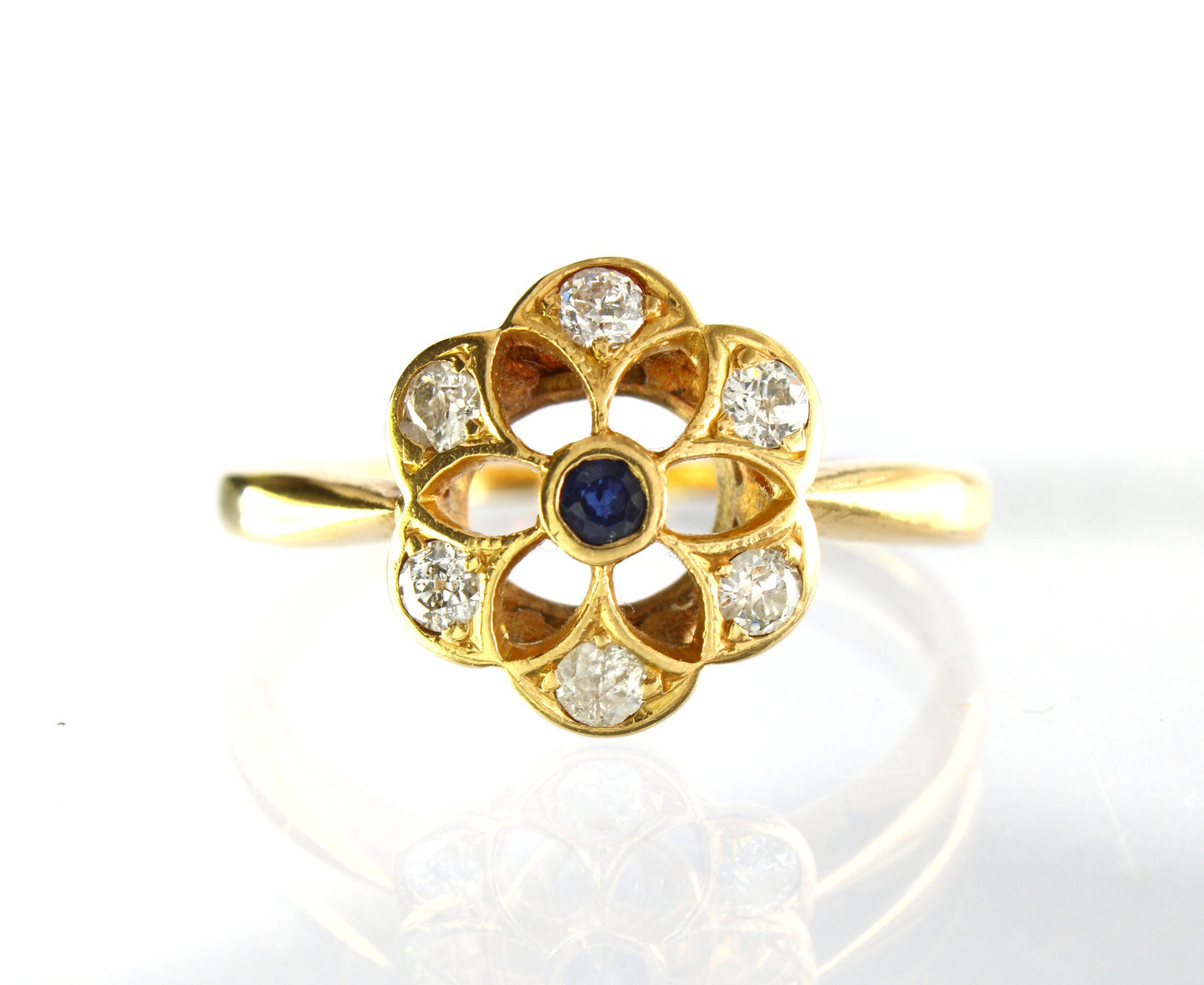 Edwardian Sapphire Diamond Engagement Ring size US 8.5, UK R, Antique 18k Gold Estate Flower Ring