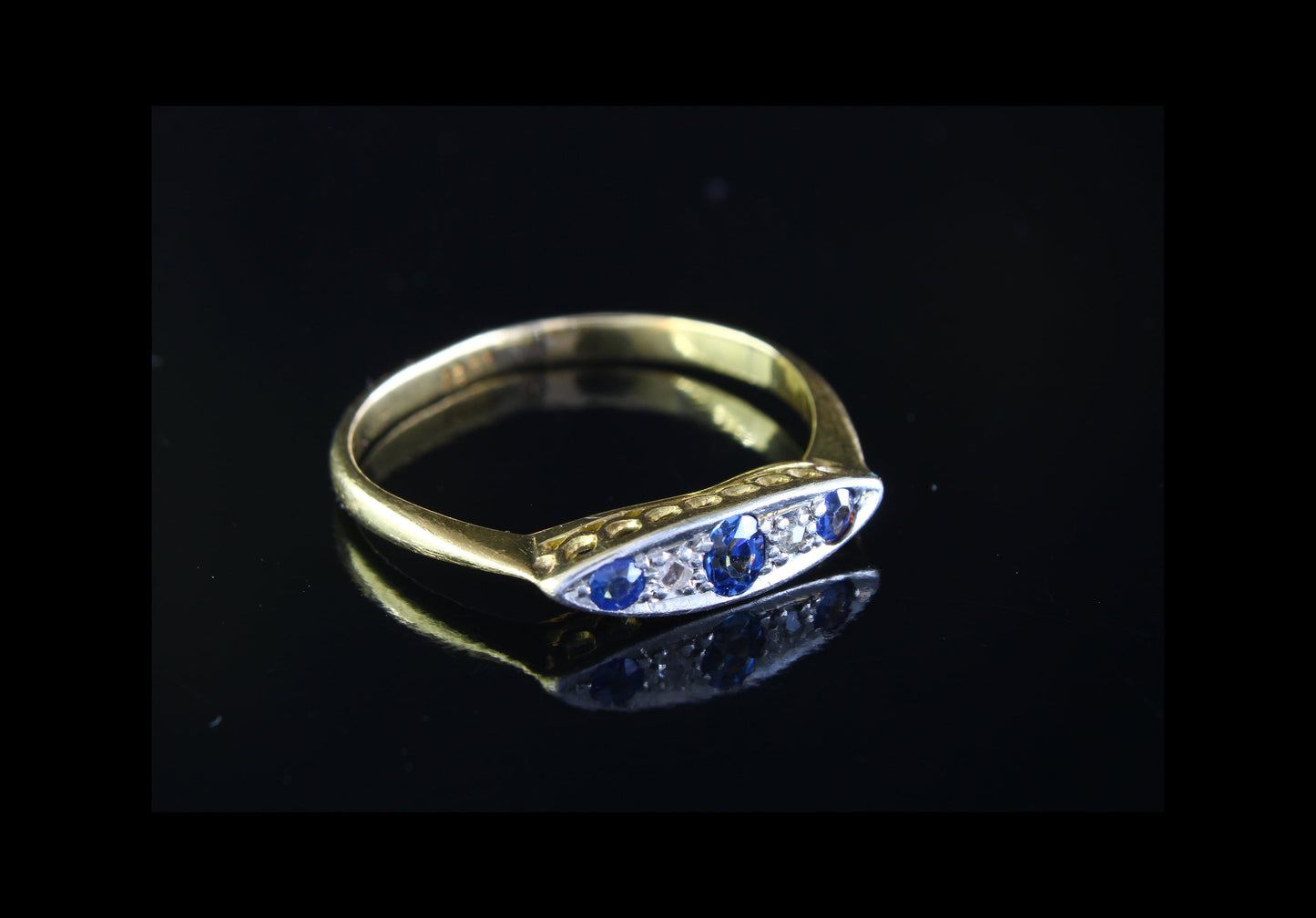 Antique 18K Gold Sapphire Diamond Engagement Ring, Size US 6.5, UK M1/2