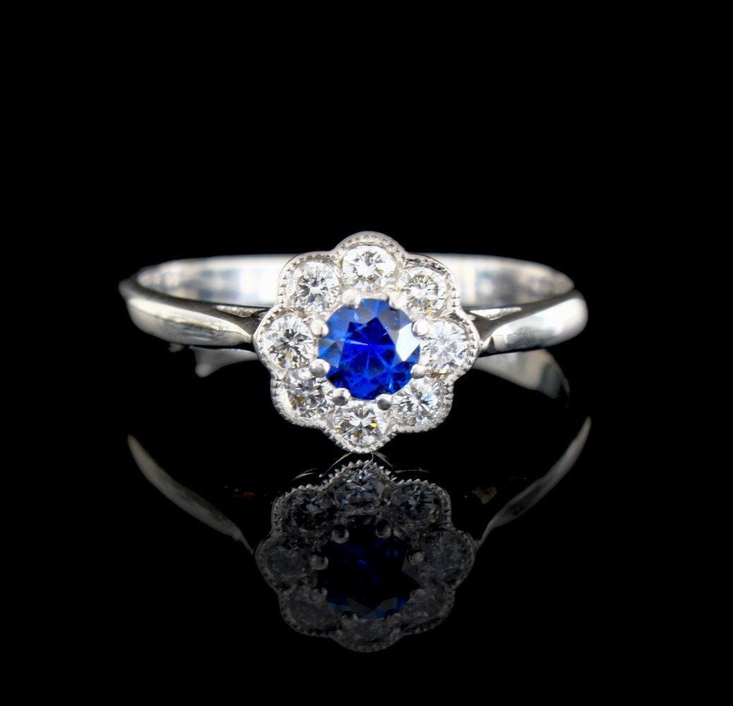 Sapphire Diamond Daisy Engagement Ring in 18k White Gold