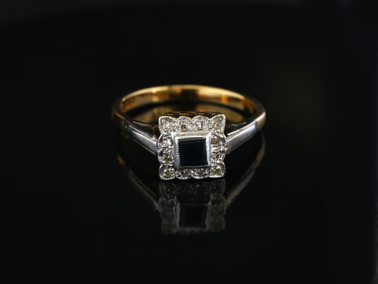 Vintage Sapphire Diamond Engagement Ring, Art Deco Style Gold Ring with Natural Diamonds and Blue Sapphire