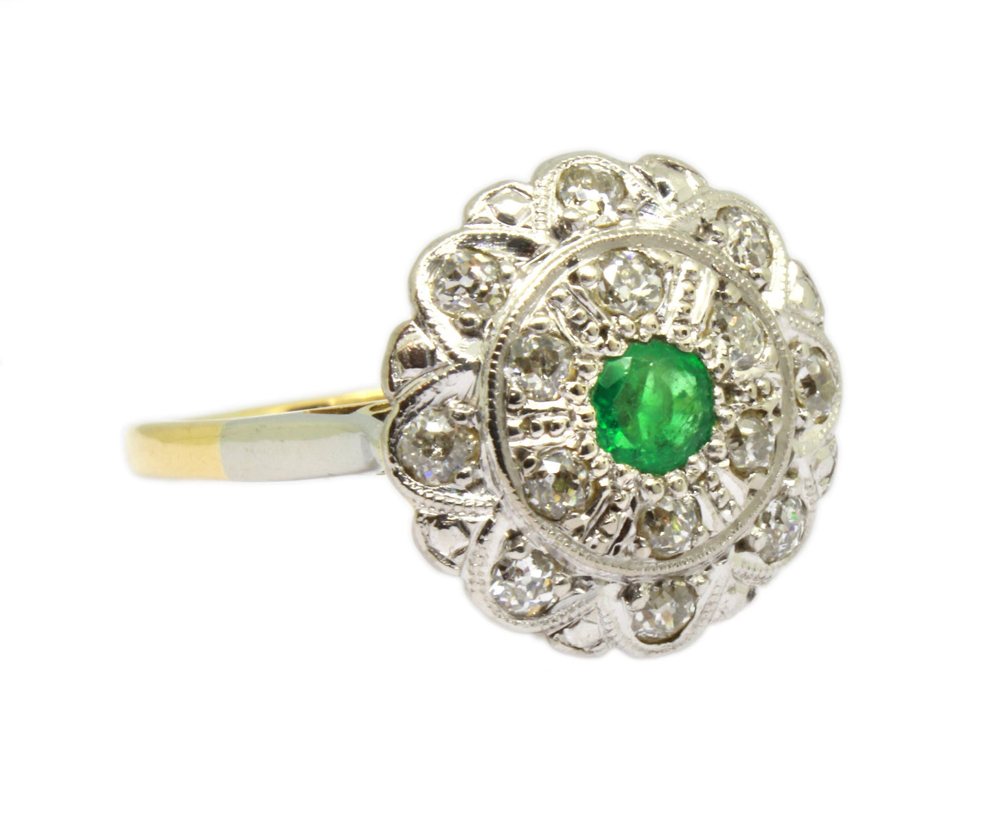 Art Deco Emerald Diamond Ring | 18k Gold & Platinum Emerald Diamond Cocktail Ring