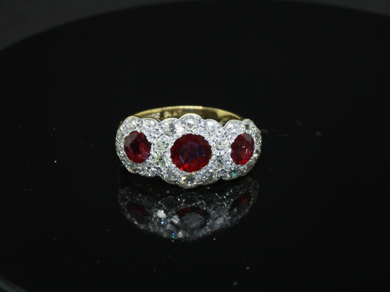 Vintage Art Deco Ruby Diamond Ring | Natural Ruby & Diamond Triple Cluster Engagement Ring