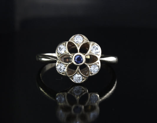 Edwardian Sapphire Diamond Engagement Ring size US 8.5, UK R, Antique 18k Gold Estate Flower Ring