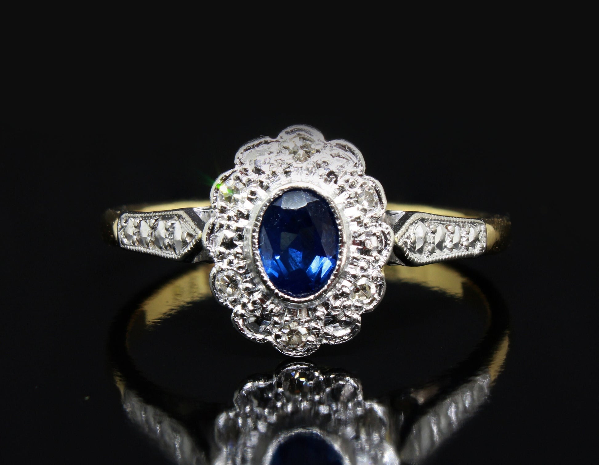 Vintage Blue Sapphire Diamond Daisy Ring for Engagement or Anniversary - fk gems