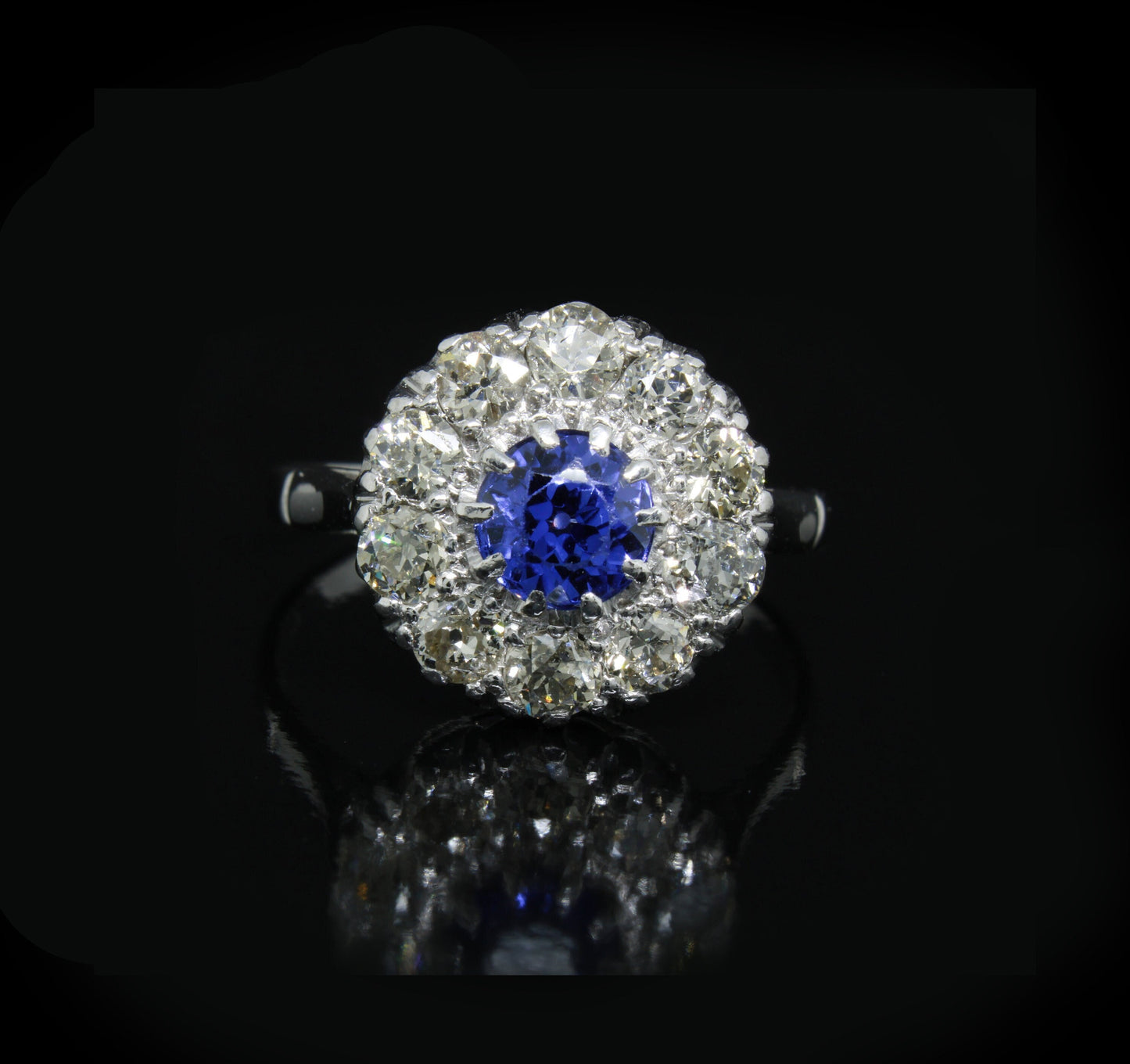 Antique Blue Sapphire Diamond Platinum Ring