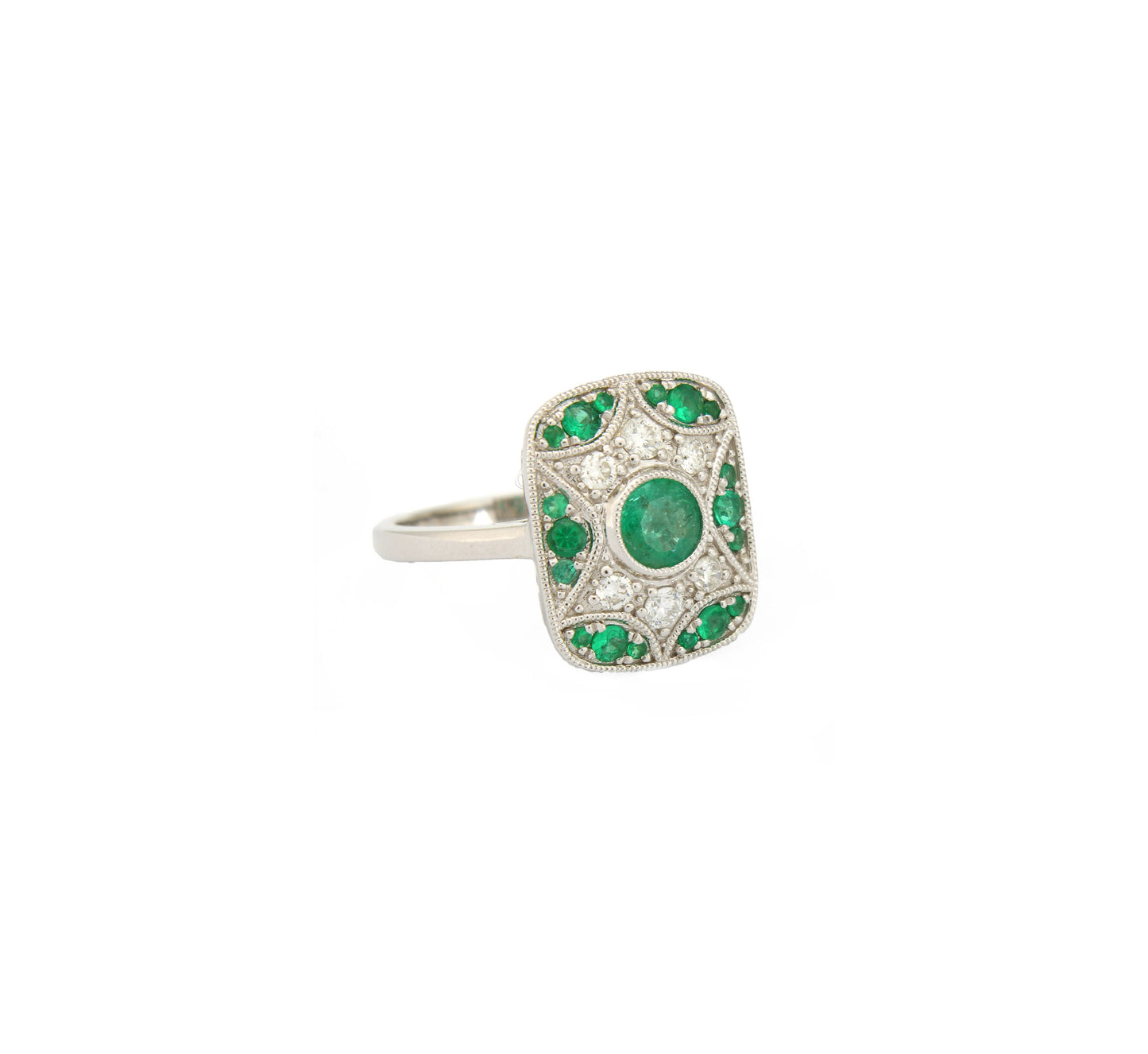 Art deco Emerald Diamond Cluster Ring, 18k White Gold Panel Ring