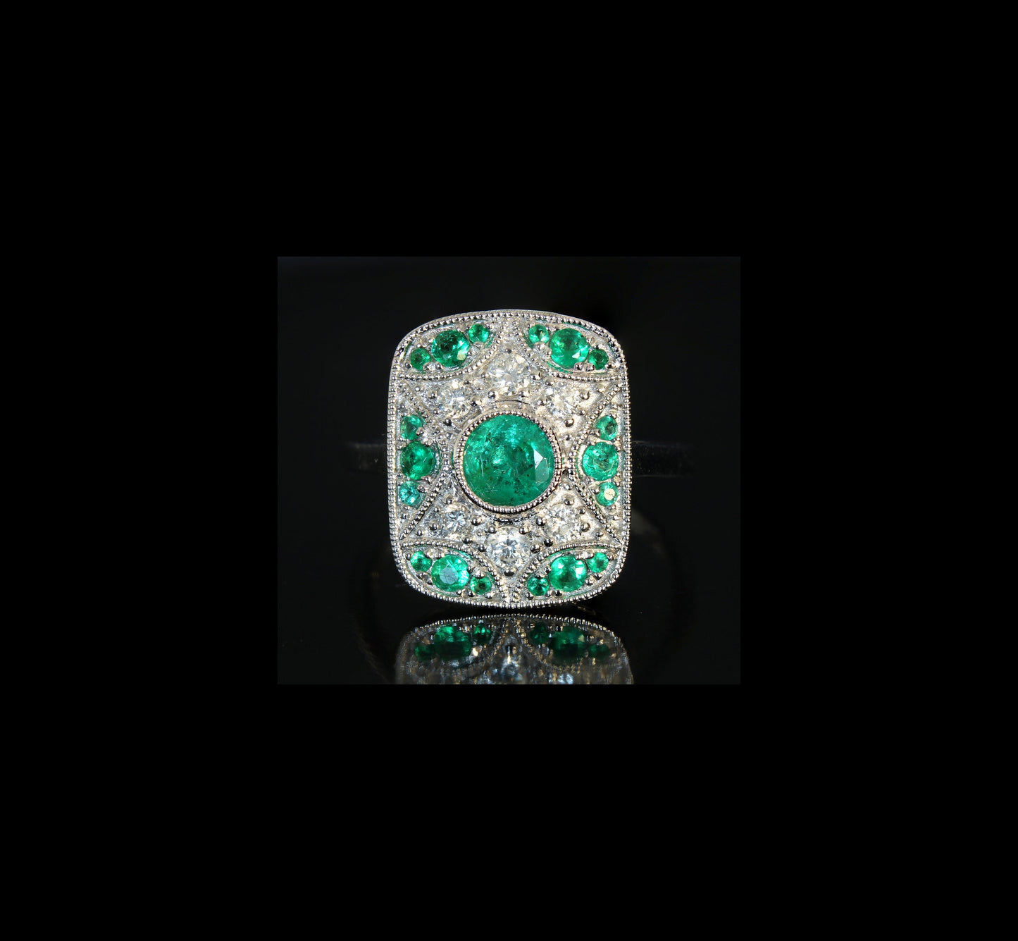 Art deco Emerald Diamond Cluster Ring, 18k White Gold Panel Ring