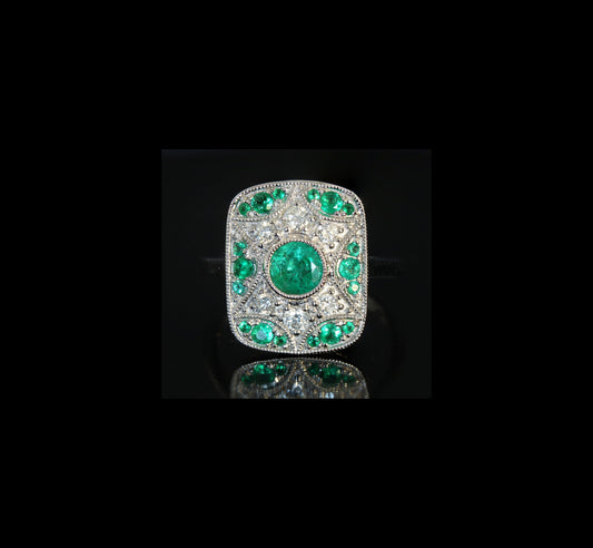 Art deco Emerald Diamond Cluster Ring, 18k White Gold Panel Ring