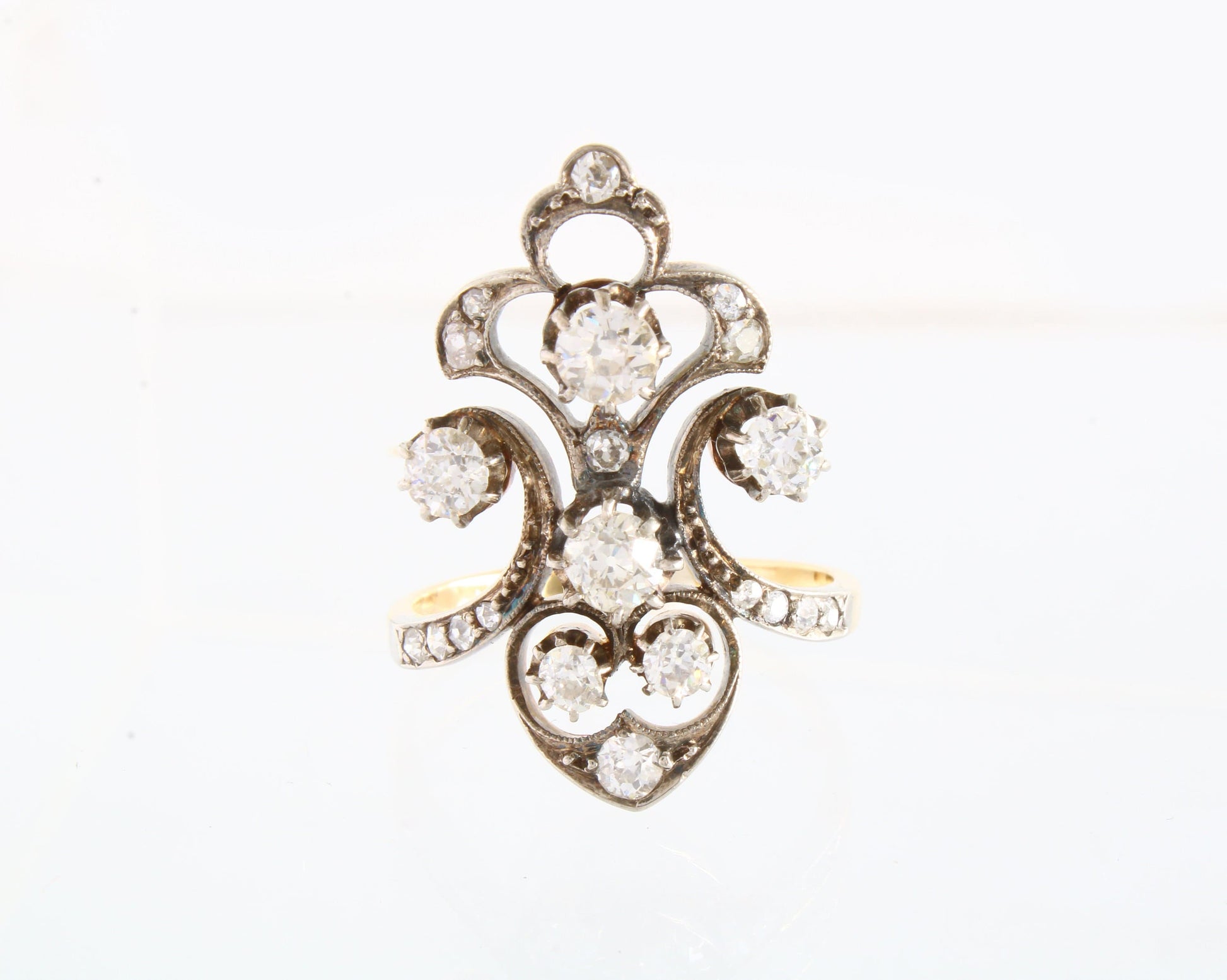 Antique Natural Diamond Cluster Ring, Vintage 18k Gold Ring, French Diamond fleur de lis Ring - fk gems