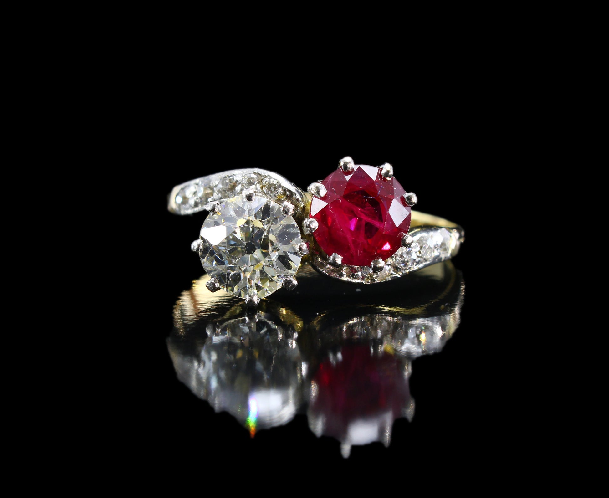 Antique toi et moi Ruby & Diamond Engagement Ring, Exquisite 18CT Crossover Ring - fk gems